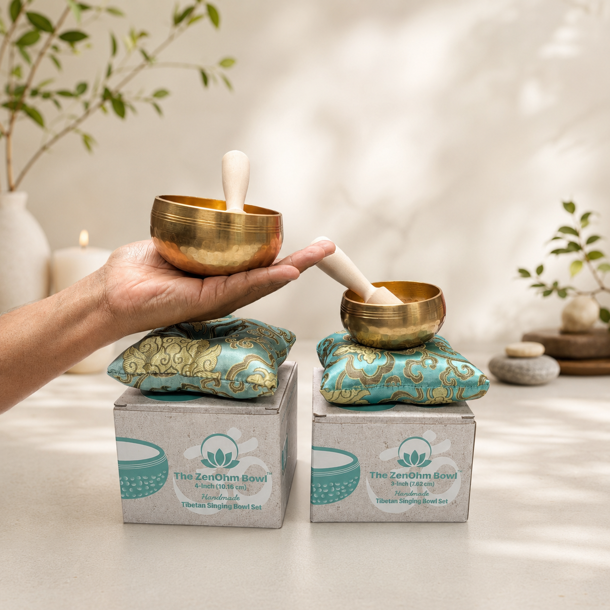 The ZenOhm Bowl ™ 4″ Tibetan Singing Bowl Set – for Meditation, Sound Healing, Chakra, Yoga – Handmade in Nepal