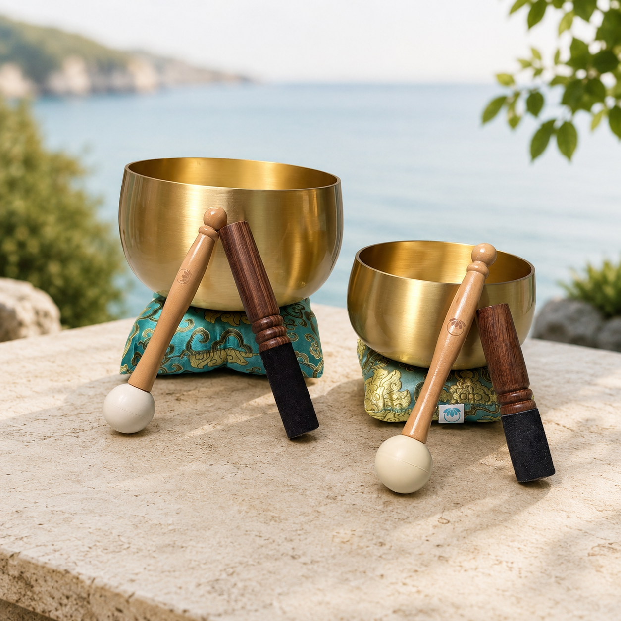 Lotus Bell Bowl Duo™ – 6″ & 8″ Tibetan Singing Bowl Set