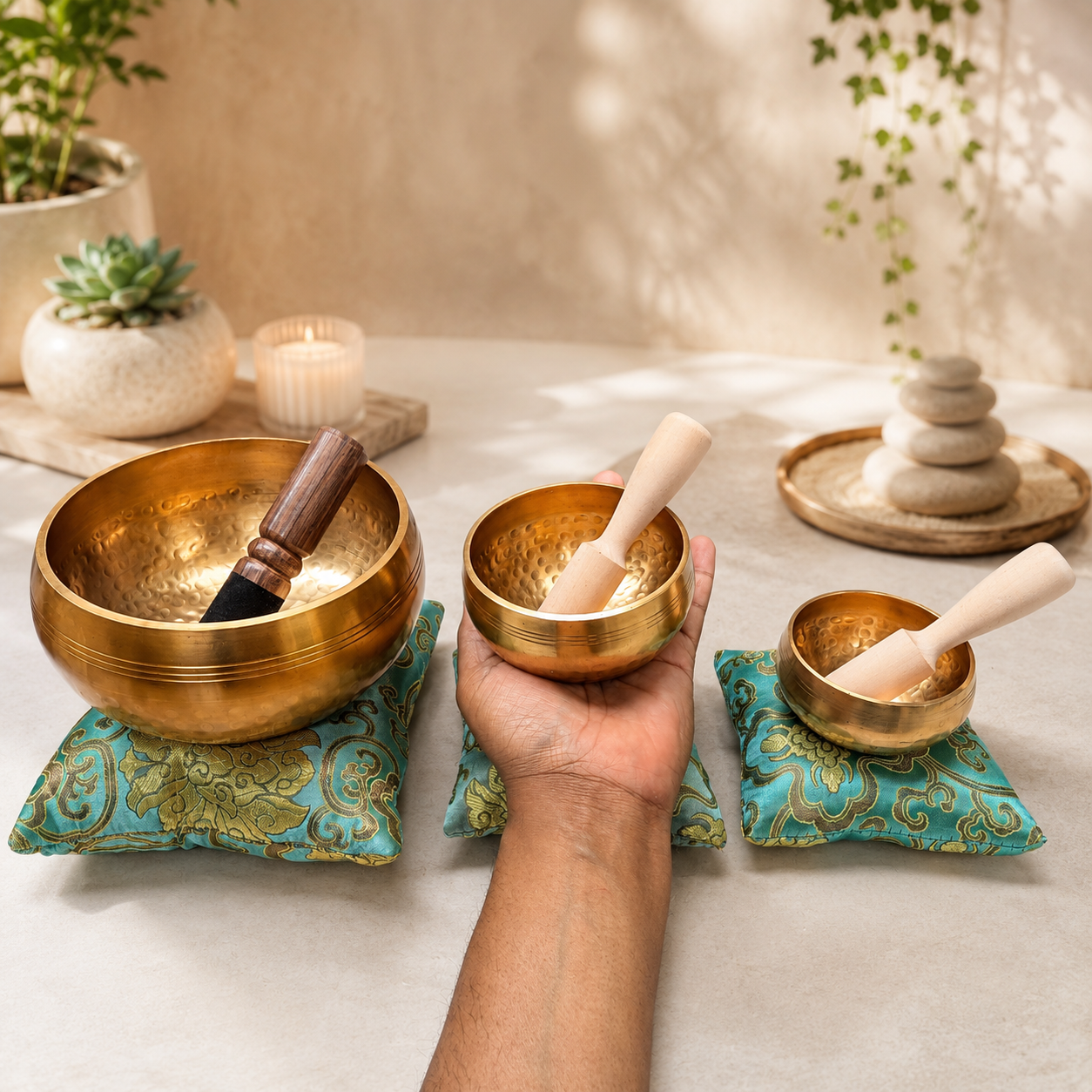 The ZenOhm Bowl ™ 4″ Tibetan Singing Bowl Set – for Meditation, Sound Healing, Chakra, Yoga – Handmade in Nepal