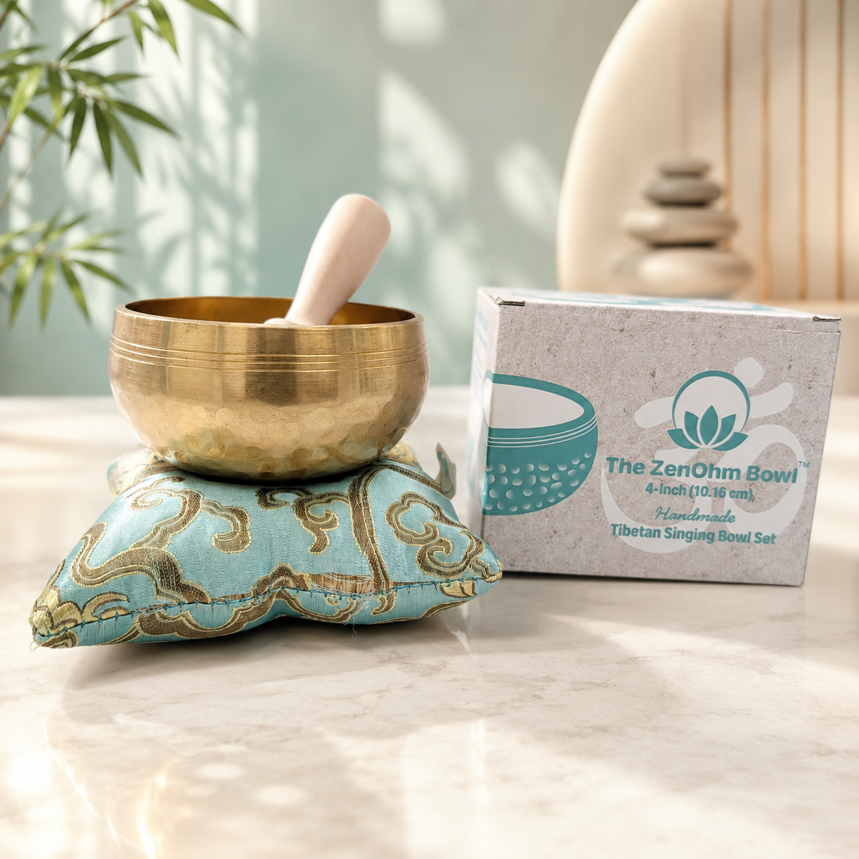 The ZenOhm Bowl ™ 4″ Tibetan Singing Bowl Set – for Meditation, Sound Healing, Chakra, Yoga – Handmade in Nepal