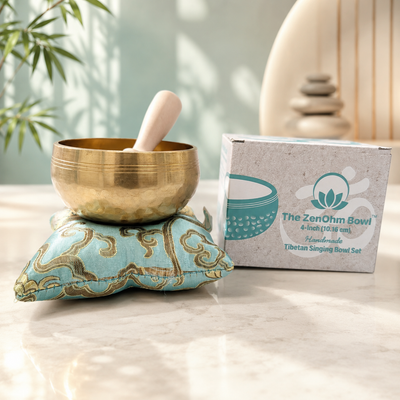 The ZenOhm Bowl ™ 4″ Tibetan Singing Bowl Set – for Meditation, Sound Healing, Chakra, Yoga – Handmade in Nepal