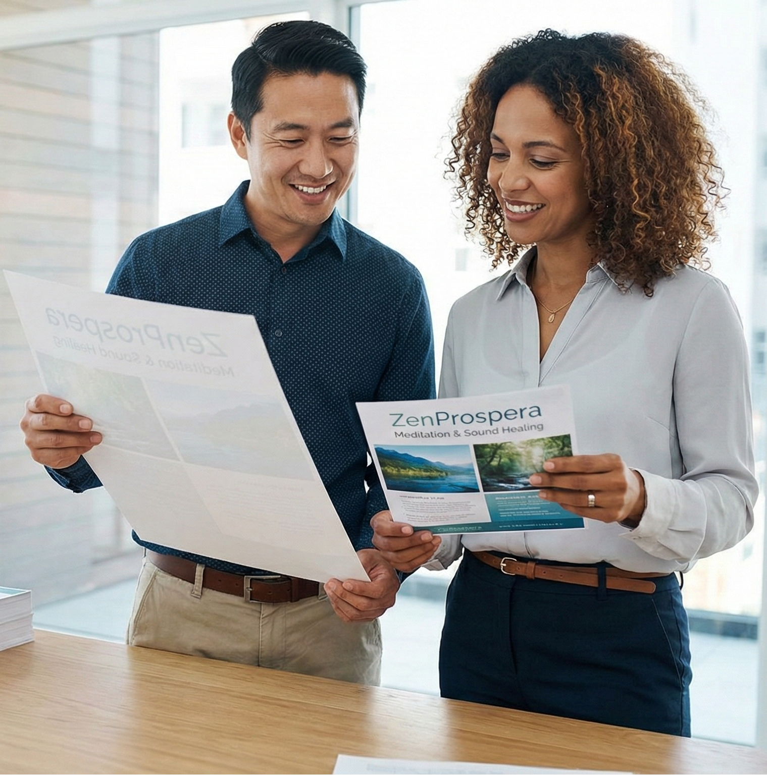 Two people looking at a brochure in an office setting